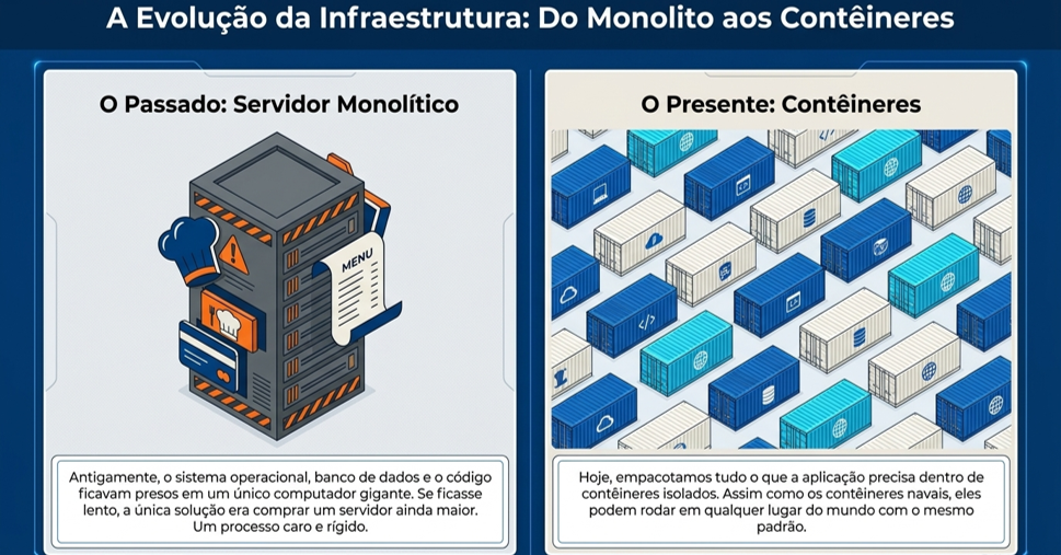 A evolução da infraestrutura: do monolito aos contêineres